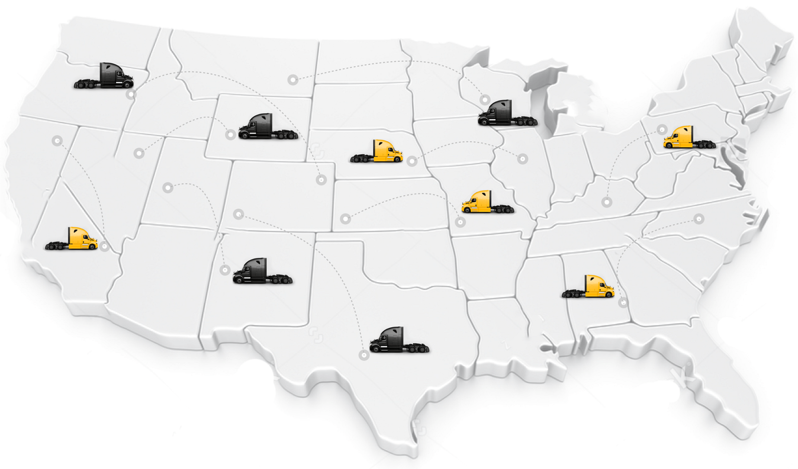 Map of the contiguous United States with equipment transport routes. Belmont Motor Group also delivers to Alaska and Hawaii.